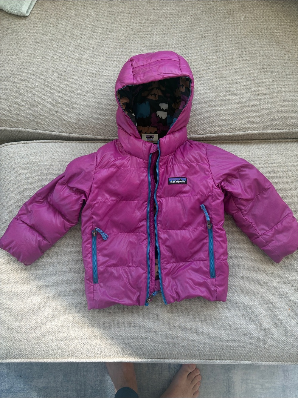 Patagonia Bright Pink Kids Down Jacket with Blue Trim